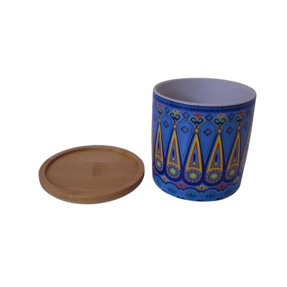 Succulent Pots 3 inch Mandala Boho Blue Ceramic with Bamboo Trays 2 Pcs Set - Picture 5 of 8